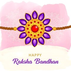 Ornate rakhi with purple petals and red center on a pink and white background for raksha bandhan card