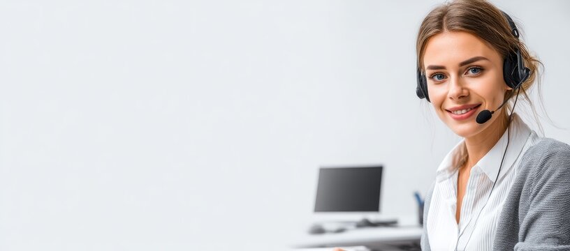 Professional female customer support agent smiling with headset, seated in modern office with white background and copy space for service or communication-related content