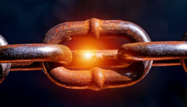 close up of a rusty metal chain link with fiery glow on a dark background creates a dramatic effect
