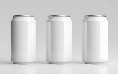 Three blank white aluminum soda cans in a row on a light background