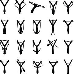 Slingshot Vector Illustration Set: Black and White Design Elements for Outdoor Games, Hunting, and Recreation. A unique collection of catapults.