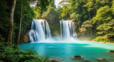 Fototapeta premium Lush waterfall cascading into turquoise pool