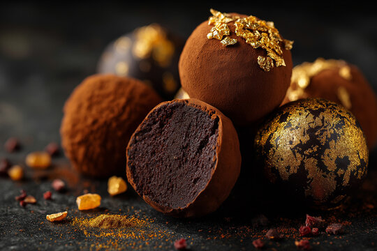 macro photography of gourmet chocolate truffles with gold dust