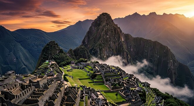 Majestic Machu Picchu at sunrise, Andean mountains