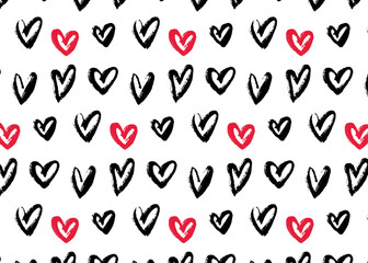 Abstract seamless heart pattern. Hand-drawn ink illustration with rough texture. Romantic black and white design for wrapping paper, fabric, or Valentine projects.