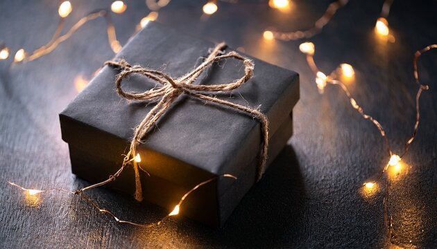 close up of a dark gift box tied with jute string and small lights on a textured surface