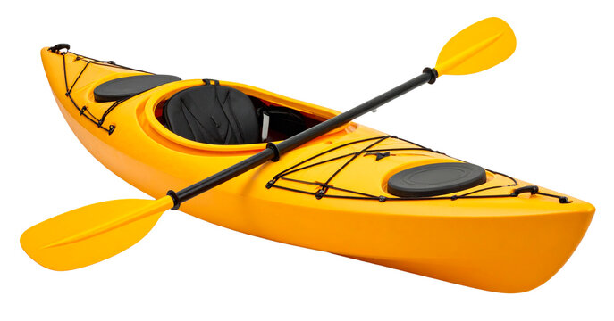 yellow kayak with paddle isolated on white background