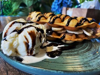 Hong Kong waffle with banana and chocolate paste 