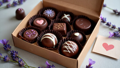 Assorted chocolates in gift box with lavender flowers for Valentine’s Day  