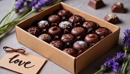 Box of assorted chocolates with love tag and lavender flowers  