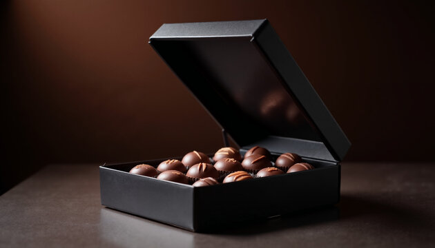 Box of assorted chocolates in elegant black packaging for Valentine’s Day  