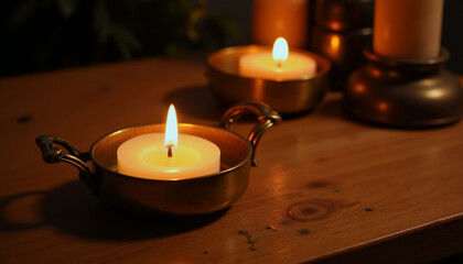 Decorative candles lit on wooden table creating a warm ambiance for Valentine’s Day  