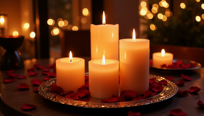 Four burning candles surrounded by rose petals for Valentine’s Day  