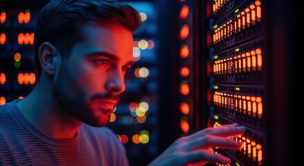 Man working in a server room with glowing lights, representing technology and data management