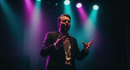 Man speaking passionately on stage, lit by vibrant stage lights