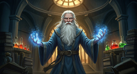 Fototapeta premium An old wizard casting a spell with blue energy in a library with potions and books around him