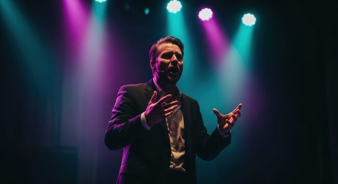 Man speaking passionately on stage, lit by vibrant stage lights