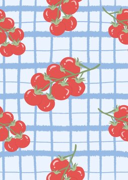 Seamless digital pattern of cherry tomatoes on a hand-drawn blue checkered background.