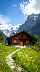 Fototapeta premium Alpine chalet nestled in a meadow, with mountains and snow in the background