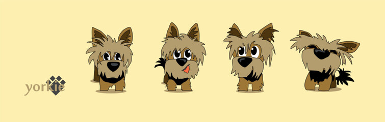 A cheerful cartoon image of a small dog of the Yorkshire terrier breed. Stylized puppy logo. Cute animal emotions.
