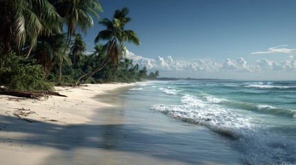 Tropical Beach Scene: Ocean Waves & Palm Trees