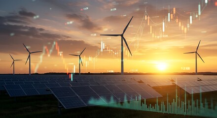 Renewable energy sources including solar panels and wind turbines with financial stock market graph overlay at sunset