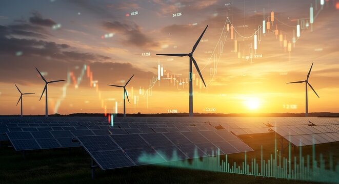 Renewable energy sources including solar panels and wind turbines with financial stock market graph overlay at sunset