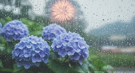 Close up of delicate purple hydrangeas seen through a rain streaked window with blurred city lights in the background
