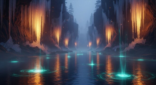 Mystical fantasy cave with glowing icicles and ethereal lights reflecting on a serene lake