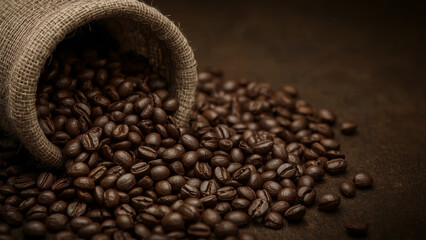 Fototapeta premium Hyperrealistic Close-Up of Aromatic Roasted Coffee Beans Spilling from a Burlap Sack onto a Dark, Textured Surface, Evoking Freshness and Richness for Beverage and Culinary Designs