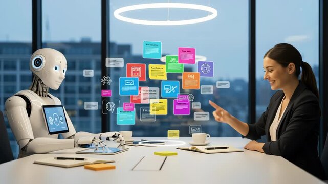 Woman and robot handshake during business meeting modern office showcasing advanced technology