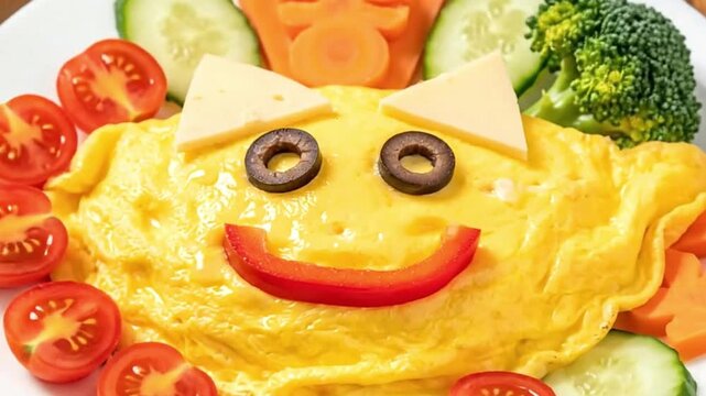 Smiley omelet on a plate with veggies tomatoes cucumbers carrots broccoli cheese olives and red pepper