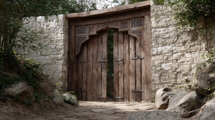 A rustic wooden door with intricate carvings, leading to an ancient Arabian garden filled with exotic plants and trees. The gate is surrounded by stone walls, creating a mystical atmosphere. 