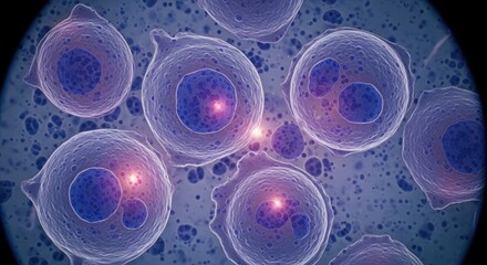 Microscopic view of cells with intricate structures and glowing centers