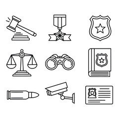 Law enforcement and justice themed icon set featuring scales of justice gavel medal and police badge with a surveillance camera