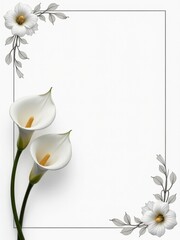 Two white calla lilies with a delicate floral border on a clean white background, perfect for invitations or greetings.