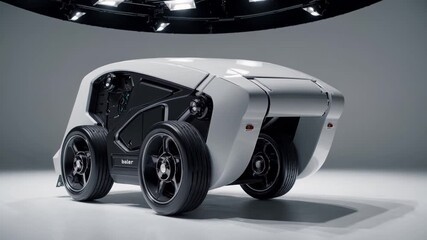 Futuristic autonomous electric delivery vehicle slowly rotating, showcasing its innovative design and advanced technology on a white background - Powered by Adobe