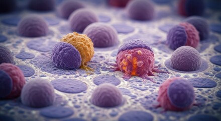 Microscopic view of immune cells attacking cancer cells