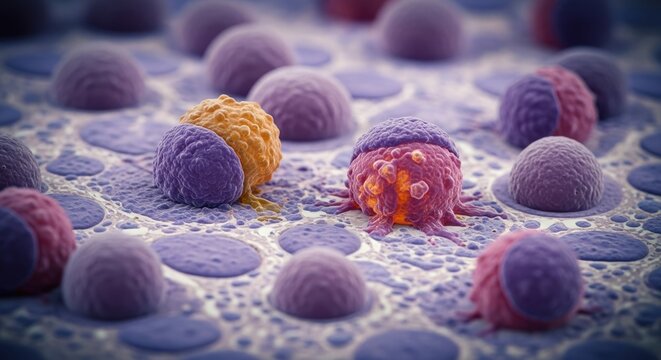 Microscopic view of immune cells attacking cancer cells