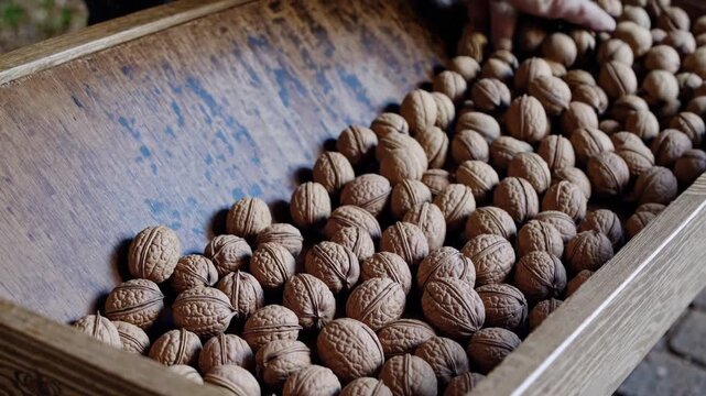 Agricultural worker sorting freshly harvested walnuts in wooden container, checking quality and inspecting nuts for precise selection at farm processing area