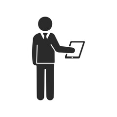 Business person icon holding tablet in suit and tie