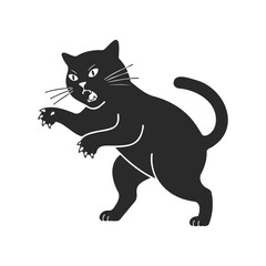 Black silhouette of playful cat with raised paw on white background