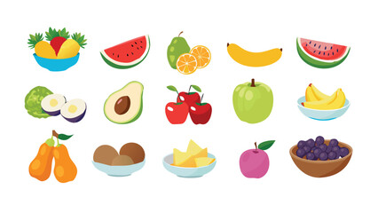 Collection of fresh fruits and vegetables in bowls