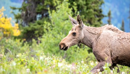 Fototapeta premium Young Moose Calf Foraging in Lush Alaskan Meadow, Summer Day