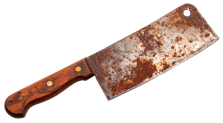an old rusty knife with wooden handle isolated on white background