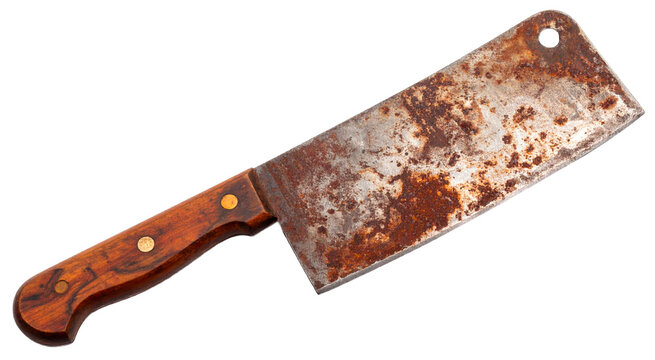 an old rusty knife with wooden handle isolated on white background