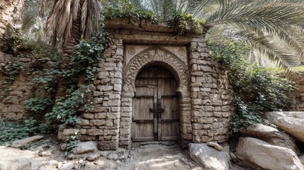 An old stone door in an ancient Arabian village, carved with geometric patterns and surrounded by lush vegetation and rocks. In the background, there is an oasis of palm trees.