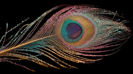Obraz premium Abstract Peacock Feather with Glowing Sparkles on Black Background