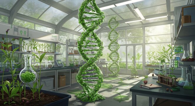 Lush Green DNA Spirals in a Bright Botanical Laboratory, Science Illustration.