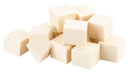 slices of white silken tofu in dice cubes shape isolated on white background